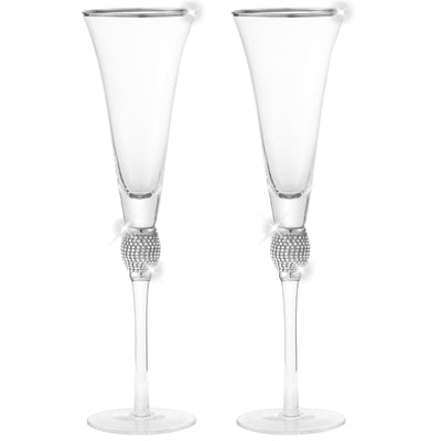 Berkware Set of 6 Champagne Glasses - Luxurious Champagne Trumpet Flutes with Silver tone Dazzling Rhinestone Design and Silver tone Rim