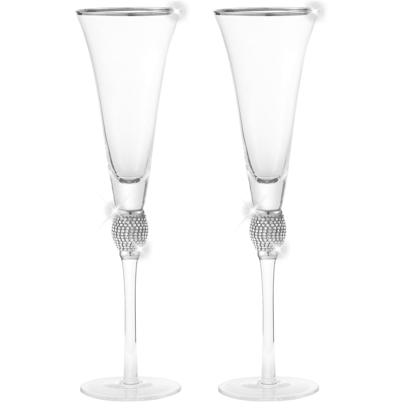 Berkware Set of 6 Champagne Glasses - Luxurious Champagne Trumpet Flutes with Silver tone Dazzling Rhinestone Design and Silver tone Rim