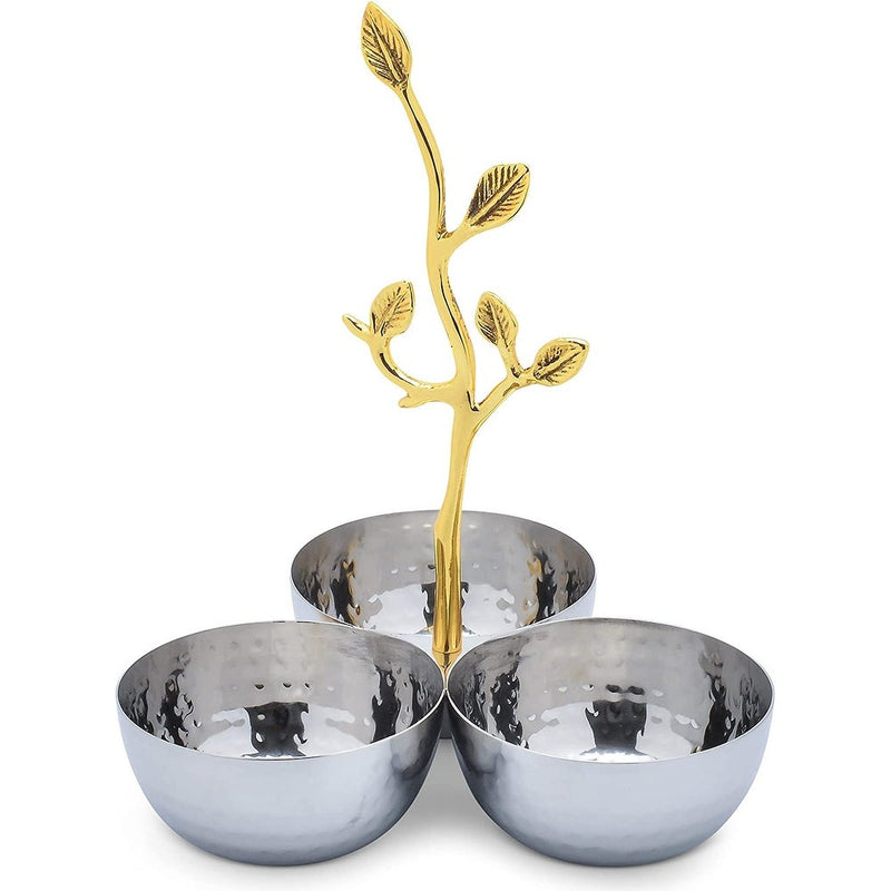 Berkware Shiny Polished Stainless Steel Three Sectional Serving Bowl with Gold tone Leaf Handle