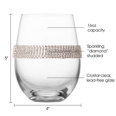 Berkware Stemless Wine Glasses with Silver tone Rhinestone Design, Set of 6