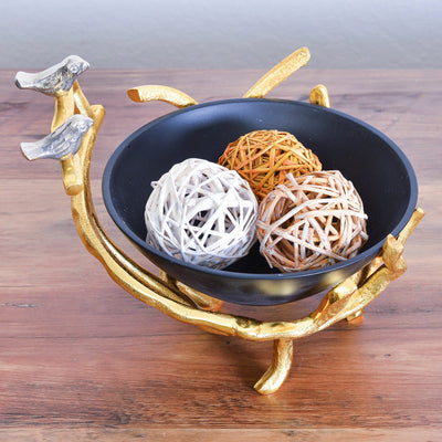 Berkware Black Decorative Bowl on Gold tone Branch Stand with Silver tone Birds