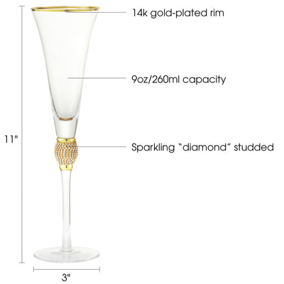 Berkware Set of 6 Trumpet Champagne Glasses - Luxurious Crystal Trumpet Champagne Flutes - Elegant Gold tone Rim & Rhinestone Embellishments - 9oz, 11" tall flutes - Champagne glasses for toasting