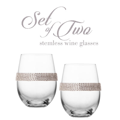 Berkware Set of 2 Stemless Wine Glass Tumblers - Elegant Rhinestone Embellishments  for toasting