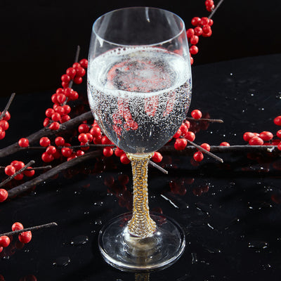 Berkware Set of 2 Crystal Wine Glasses - Elegant Gold tone Studded Long Stem Red Wine Glasses