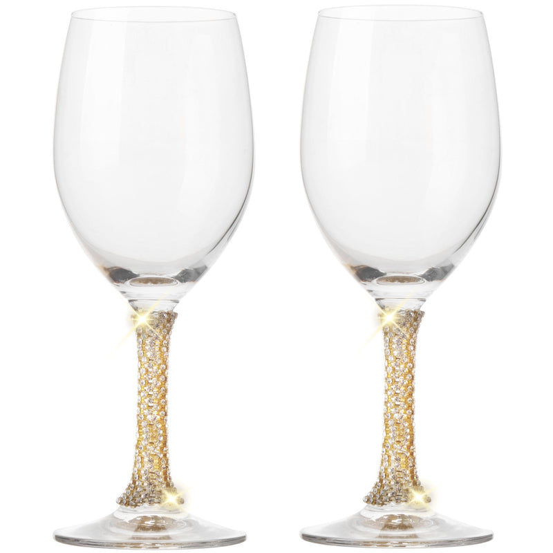 Berkware Crystal Wine Glasses - Elegant Gold Tone Studded Long Stem Red Wine Glasses Set of 2