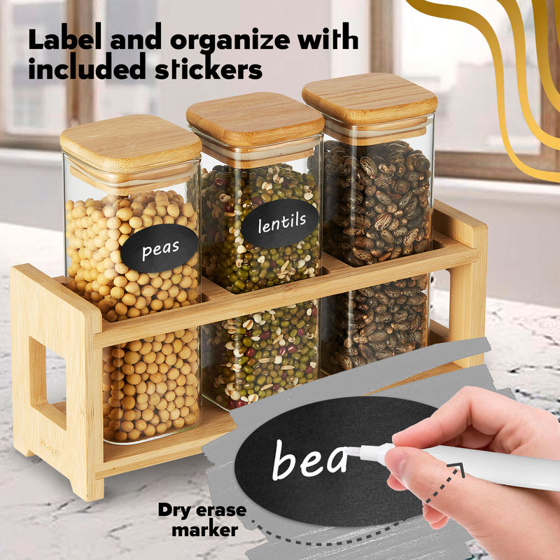 Berkware Glass Mini Storage Jars with Bamboo Lids and Display Stand - For Coffee, Sugar, Candy etc.