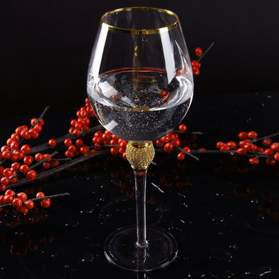 Berkware Set of 6 Wine Glasses - Luxurious and Elegant Sparkling Studded Long Stem Red Wine Glass with Gold tone Rim