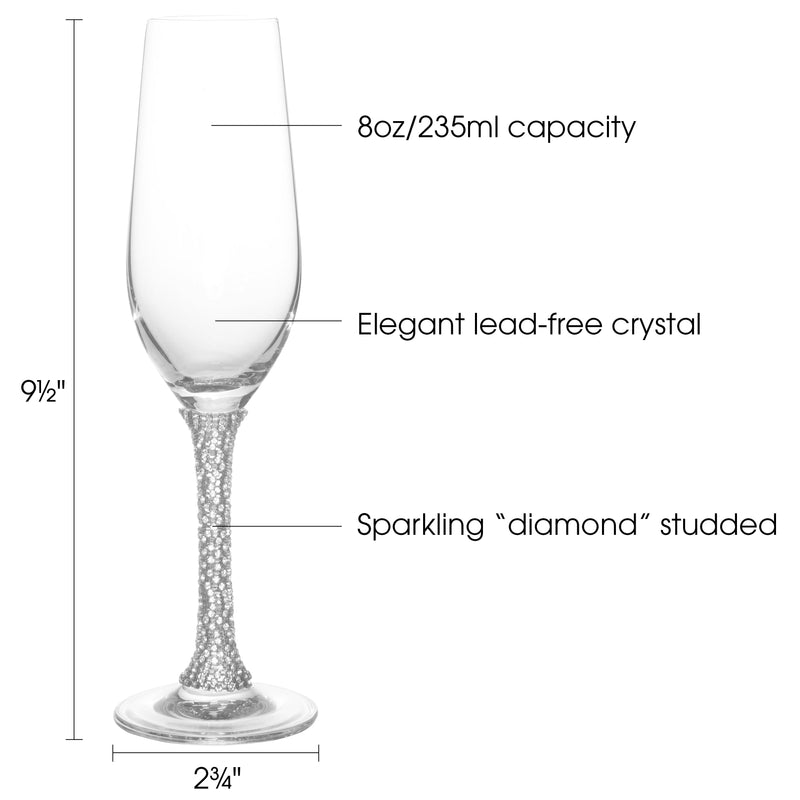 Berkware Champagne Glasses Set of 6  Luxurious Crystal Champagne Flutes - Elegant Rhinestone Embellished Stem - Six Silver tone Champagne Glasses for toasting