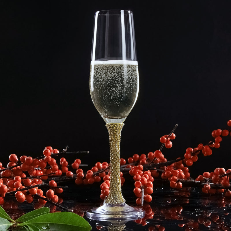 Berkware Champagne Glasses Set of 2 - Luxurious Crystal Champagne Flutes - Elegant Gold tone Rhinestone Embellished Stem
