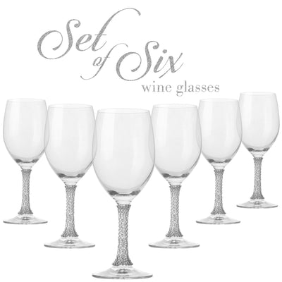 Berkware Set of 6 Crystal Wine Glasses - Elegant Silver tone Studded Long Stem Red Wine Glasses