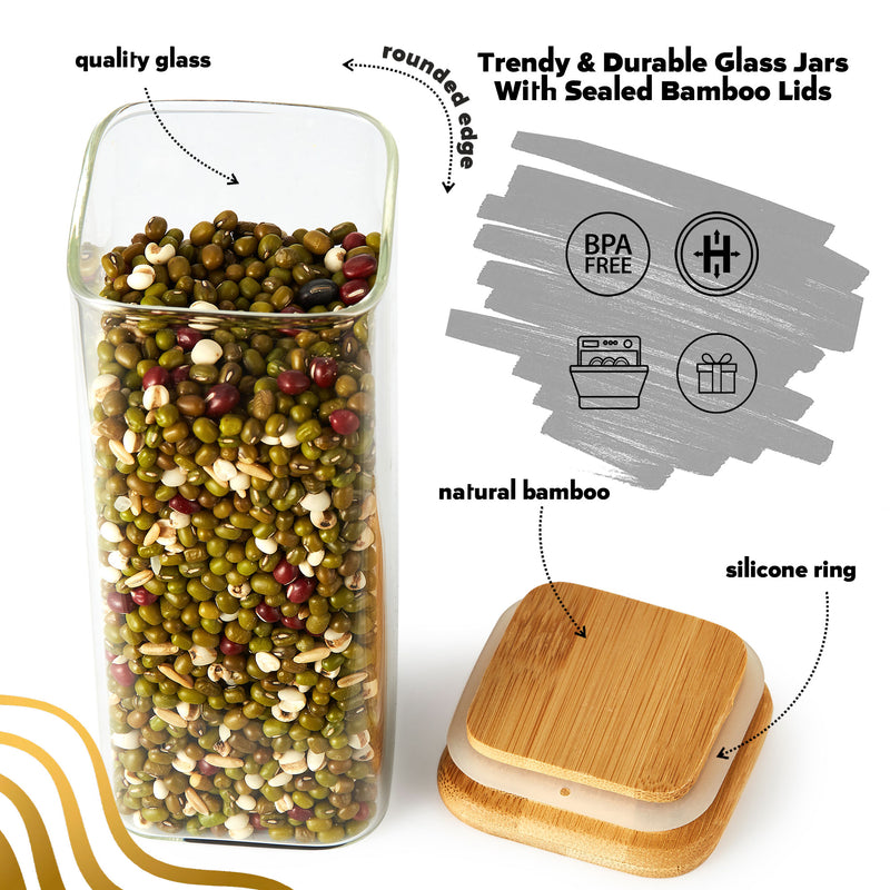 Berkware Glass Mini Storage Jars with Bamboo Lids and Display Stand - For Coffee, Sugar, Candy etc.