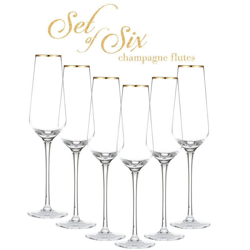 Berkware Tall Champagne Flutes with Gold Tone Rim - 8.1oz (Set of 2)