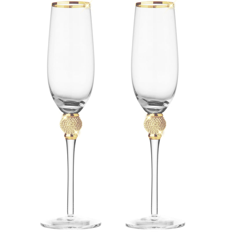 Berkware Set of 2 Champagne Glasses - Luxurious Champagne Flutes with Dazzling Rhinestone Design and Gold tone Rim