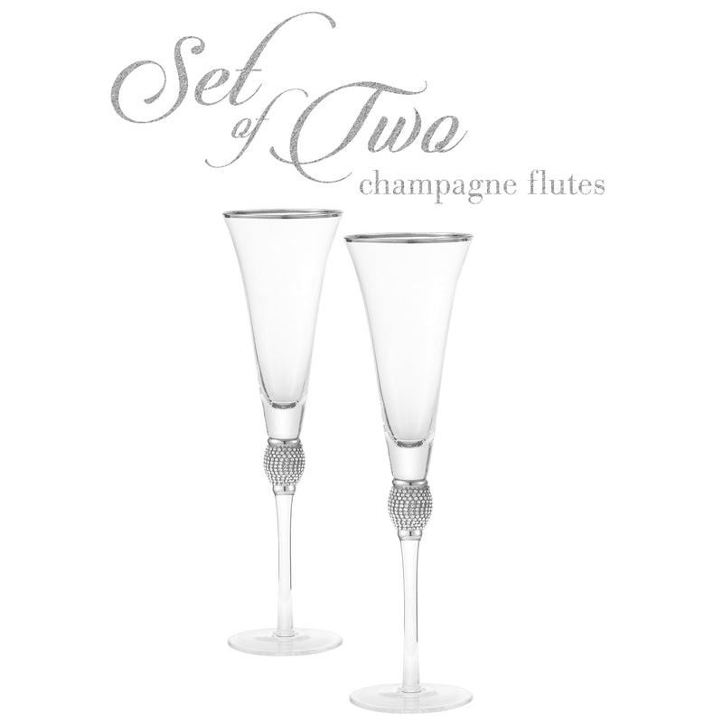 Berkware Set of 2 Crystal Trumpet Champagne Flutes with Gold tone Rim & Rhinestone Embellishments