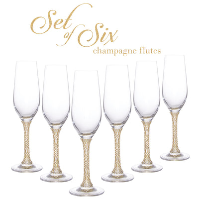 Berkware Champagne Glasses Set of 6 Luxurious Crystal Champagne Flutes - Elegant Rhinestone Embellished Stem- Six Gold tone Champagne Glasses for toasting