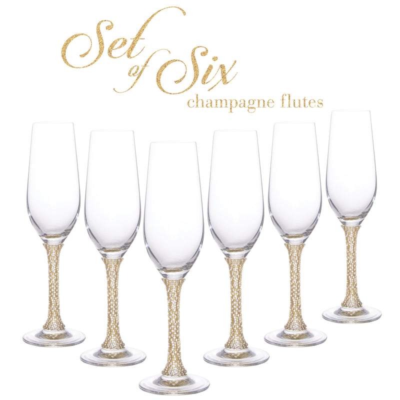 Berkware Champagne Glasses Set of 6 Luxurious Crystal Champagne Flutes - Elegant Rhinestone Embellished Stem- Six Gold tone Champagne Glasses for toasting
