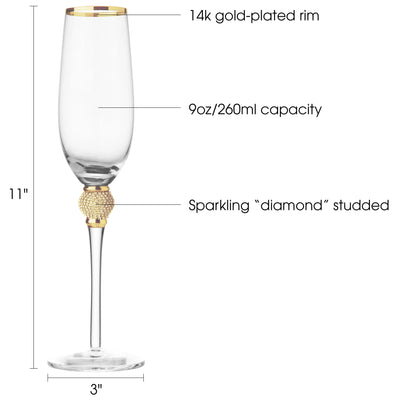 Berkware Set of 6 Champagne Glasses - Luxurious Champagne Flutes with Dazzling Rhinestone Design and Gold tone Rim