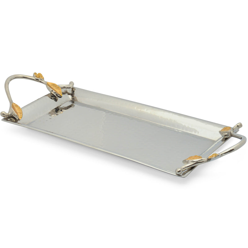 Berkware Two Tone Silver tone Rectangle Tray with Gold tone Leaf Accents