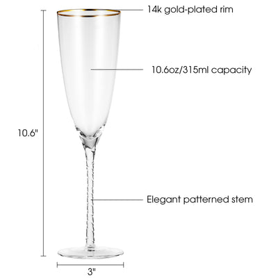 Berkware Twisted Stem Champagne Glass with Gold tone Rim, Set of 2