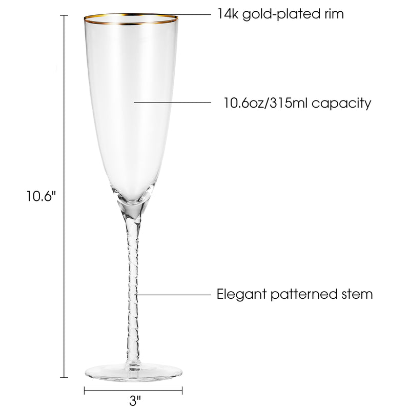 Berkware Twisted Stem Champagne Glass with Gold tone Rim, Set of 2