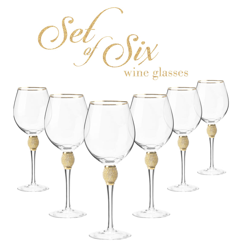 Berkware Set of 6 Wine Glasses - Luxurious and Elegant Sparkling Studded Long Stem Red Wine Glass with Gold tone Rim